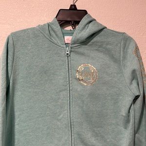 Place XXL-16 girls zip sweatshirt with hood.  Teal with gold lettering on arm